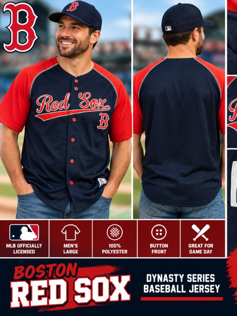 Boston Red Sox Dynasty Series MLB Baseball Jersey Men’s Large Navy Red